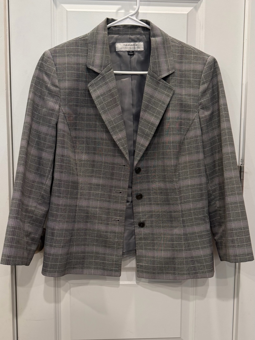 Tahari Gray Plaid Notched-Lapel Women's Blazer